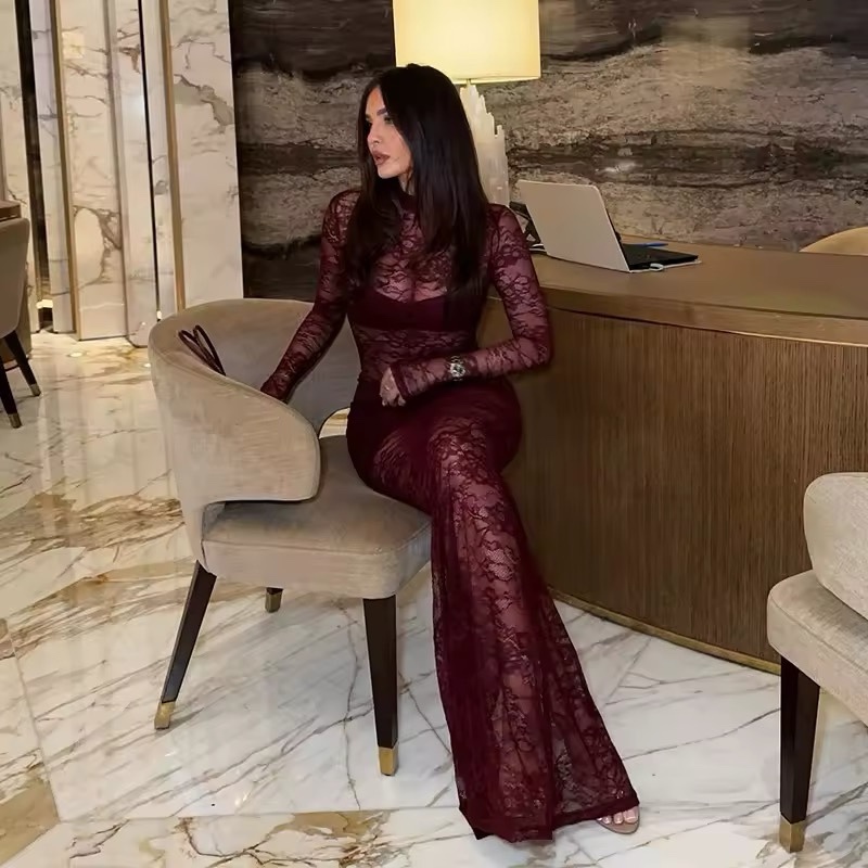 Lace Mesh Bodycon Maxi Dress Long Sleeve