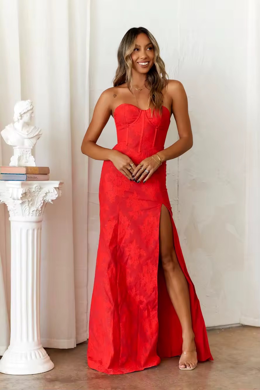 Red Strapless Bodycon Occasion High Spilt Maxi Dress