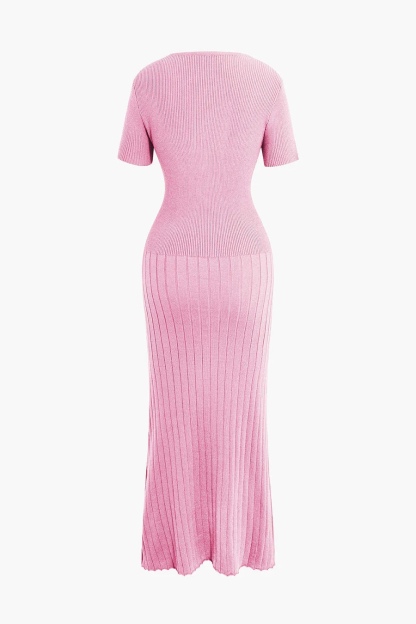 Pink Buttoned Short Sleeve V Neck Maxi Dress