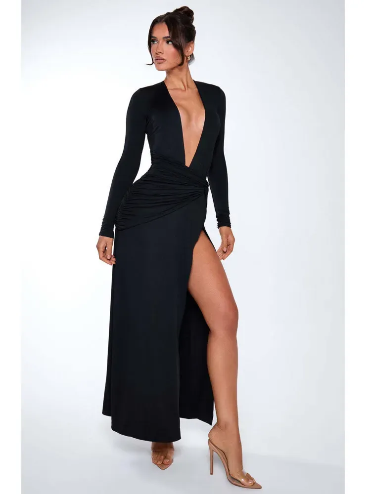 Long SLeeve V Neck Bodycon High Slit Maxi Dress