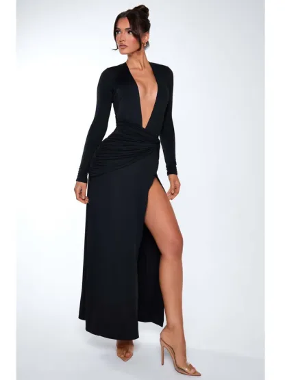 Long SLeeve V Neck Bodycon High Slit Maxi Dress