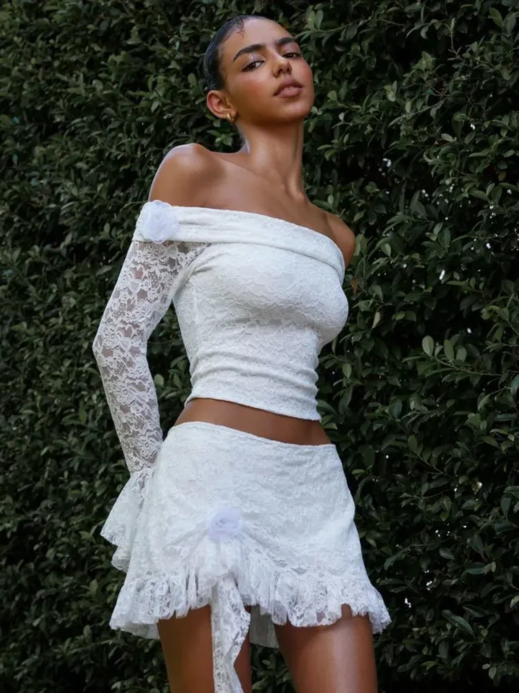 Lace One Shoulder Long Sleeved Lace Top & Mini Skirt Set