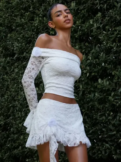 Lace One Shoulder Long Sleeved Lace Top & Mini Skirt Set