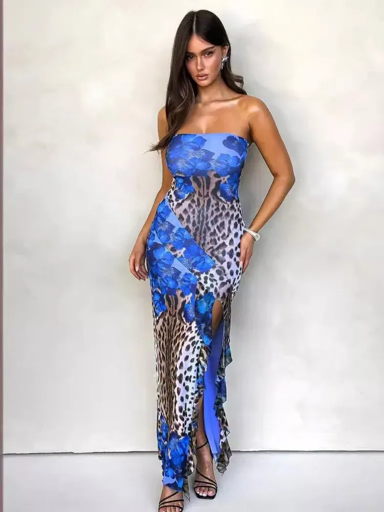 Strapless Ruffle Edge Slit Leopard Print Maxi Dress