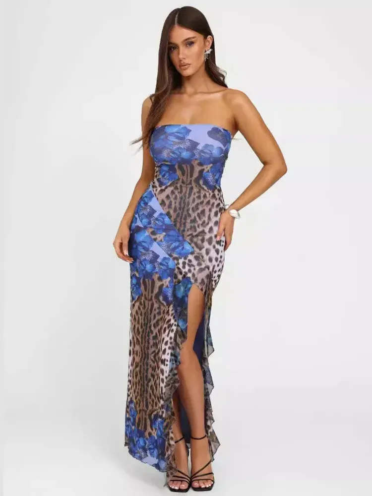 Strapless Ruffle Edge Slit Leopard Print Maxi Dress