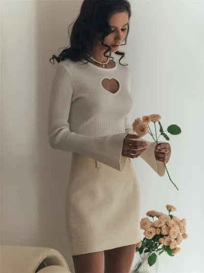 Heart Cut Out Ribbed Long Sleeve Knit Top