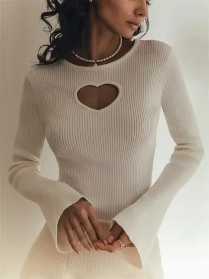 Heart Cut Out Ribbed Long Sleeve Knit Top
