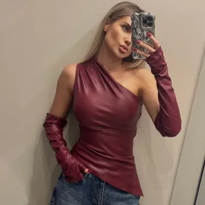 PU Leather Asymmetrical Sleeveless One Shoulder Top 