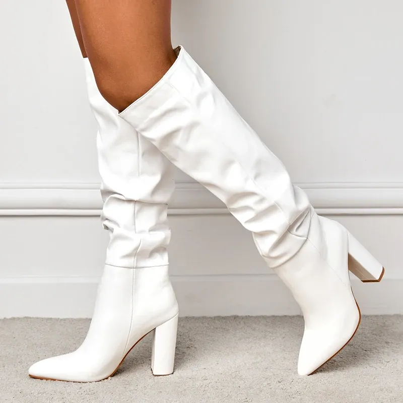 Leather Knee High Slip On Pointed Toe Boots