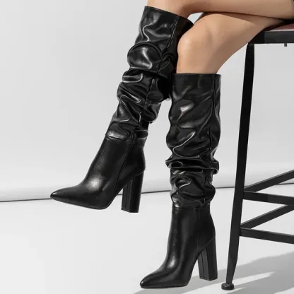  Leather Knee High Slip On Pointed Toe Boots