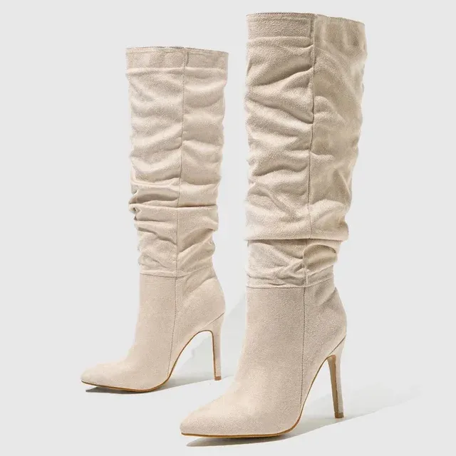 Pleated Pointed Toe Knee-High Boots