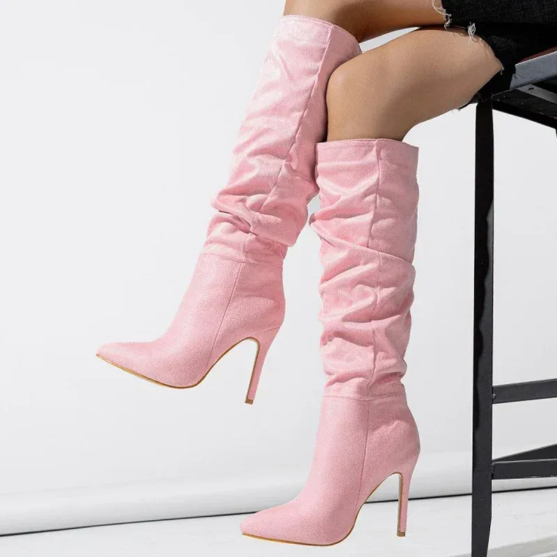 Pleated Pointed Toe Knee-High Boots