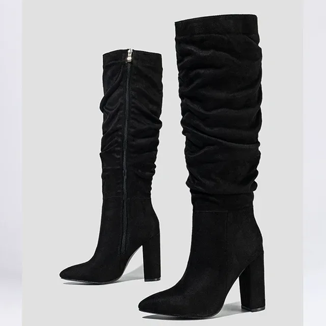 Eilyken Street Style Pleated Pointed Toe Zip Thigh High Boots Female Square Heel Design Over The Knee Women's Shoes