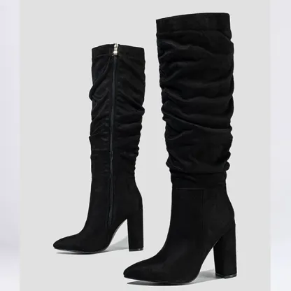 Eilyken Street Style Pleated Pointed Toe Zip Thigh High Boots Female Square Heel Design Over The Knee Women's Shoes