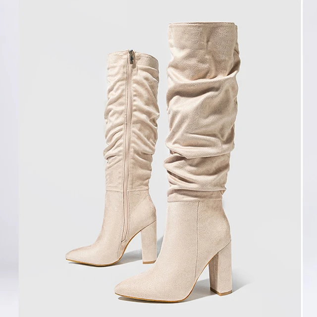Eilyken Street Style Pleated Pointed Toe Zip Thigh High Boots Female Square Heel Design Over The Knee Women's Shoes