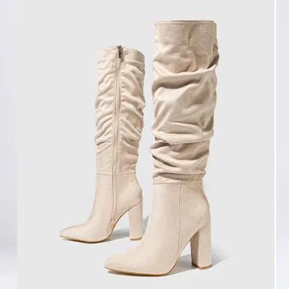 Eilyken Street Style Pleated Pointed Toe Zip Thigh High Boots Female Square Heel Design Over The Knee Women's Shoes