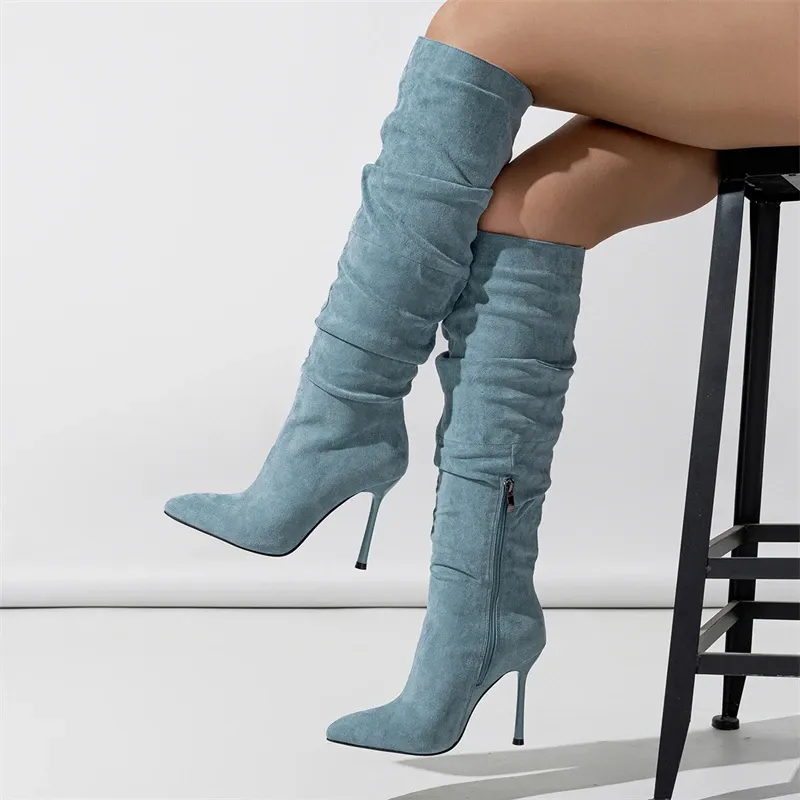 Pleated Denim Knee-High Pointed Toe Boots