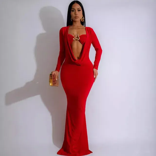 uched Deep V-neck Long Sleeve Bodycon Maxi Dress