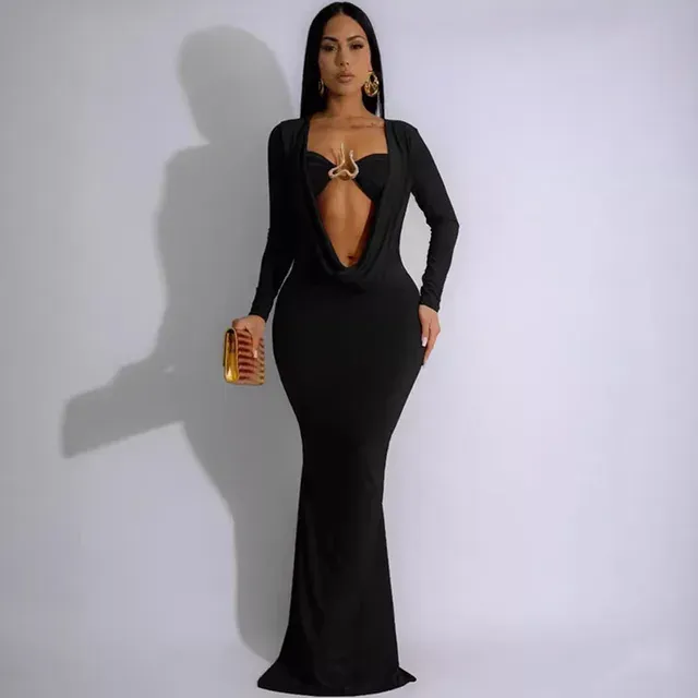Elegant Ruched Deep V-neck Long Sleeve Bodycon Maxi Dress Women Evening Nightclub Party Celebrity Prom Mermaid Long Dresses