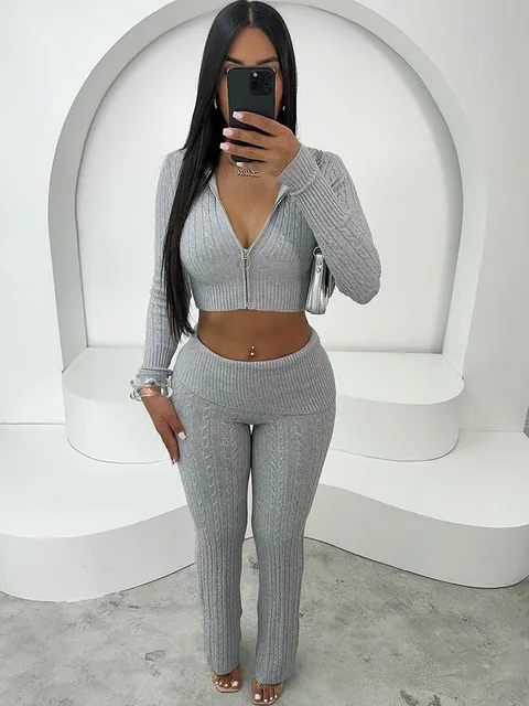 Knitted Ribbed Zipper Hooded Short Jacket Top and Wide Leg Pants Set