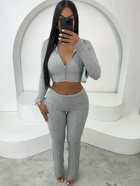 Knitted Ribbed Zipper Hooded Short Jacket Top and Wide Leg Pants Set