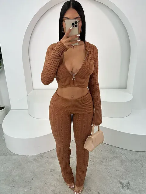 Knitted Ribbed 2 Piece Sets Women Outfit Winter Sweater Matching Sets Zipper Hooded Short Jacket Top and Wide Leg Pants Casual