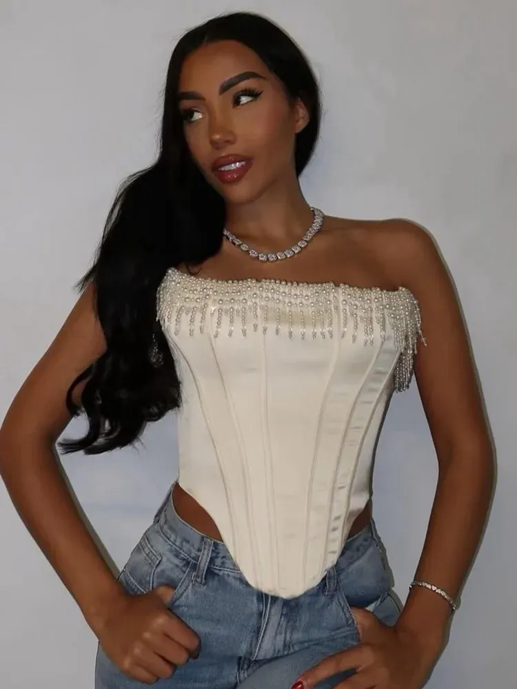 Pearl Tassel Corset Style Crop Top