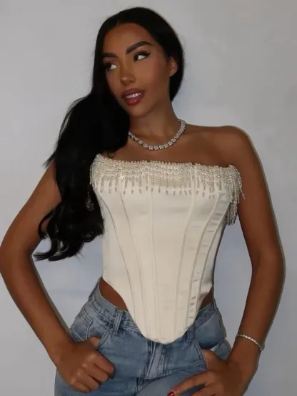 Pearl Tassel Corset Style Crop Top