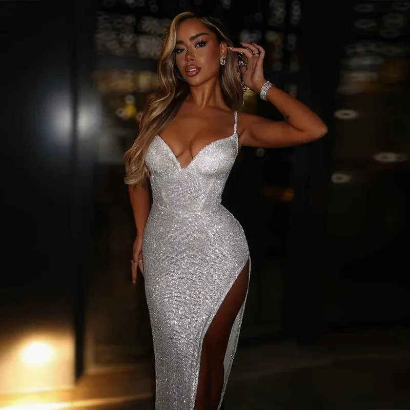 Glitter Sparkle V Neck Bodycon Party Maxi Dress