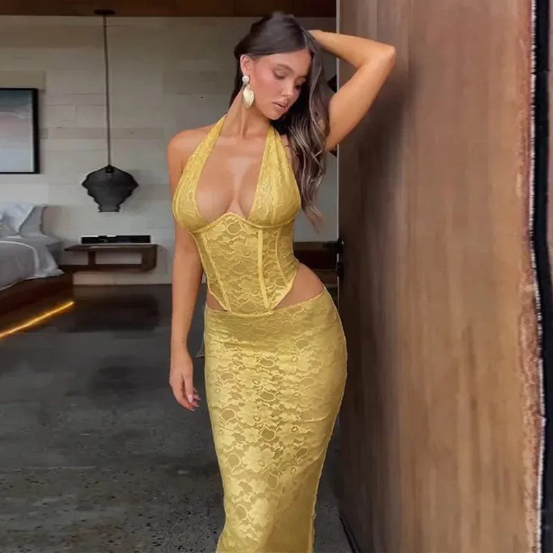 Lace Halter Backless Bodycon Maxi Dress