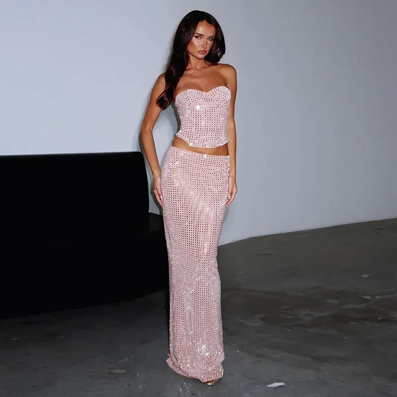 Pink Sequin Glitter Strapless Top & Maxi Skirt Set