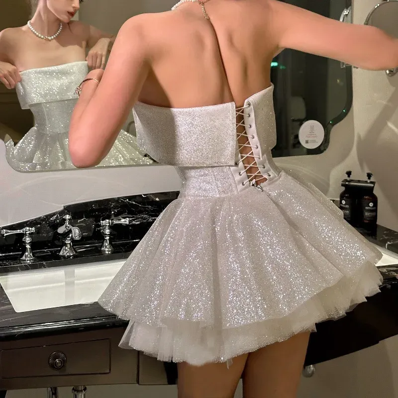 Strapless A-Line Sequin Glitter Tie Up Party Dress