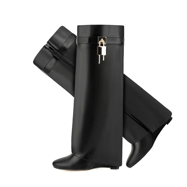 Lock Detail Fold Knee High Boots