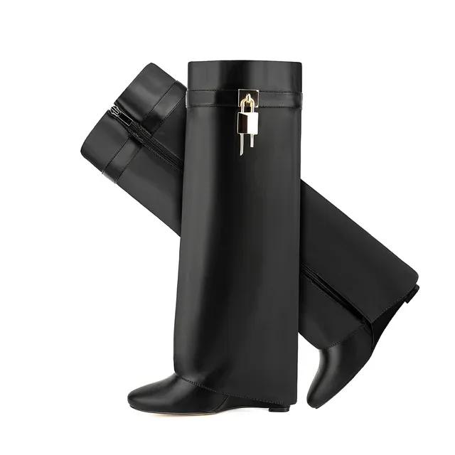 Lock Detail Fold Knee High Boots