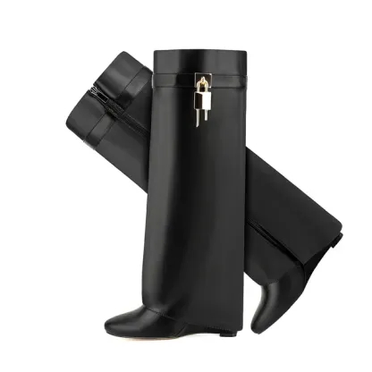 Lock Detail Fold Knee High Boots