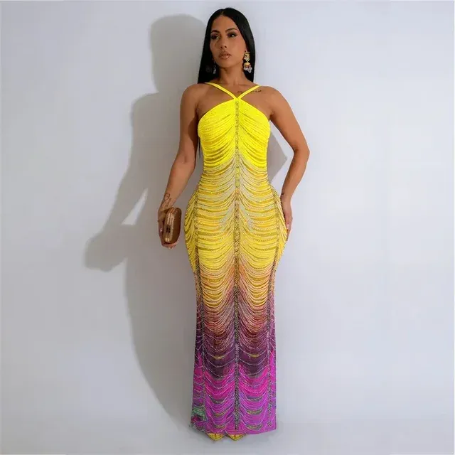 Rainbow Print Glitter Bodycon Maxi Dress