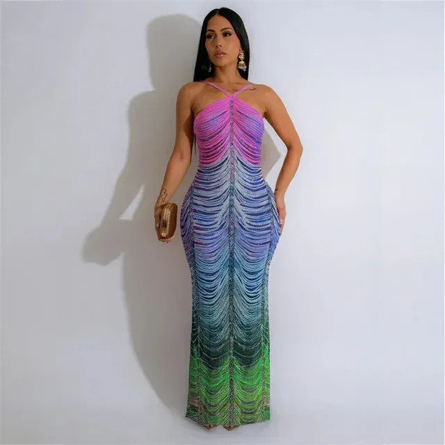 Rainbow Print Diamonds Celebrity Party Evening Dresses Women Night Club Elegant Slim Prom Formal Bodycon Maxi Dress Christmas