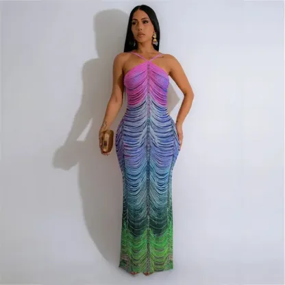Rainbow Print Glitter Bodycon Maxi Dress 