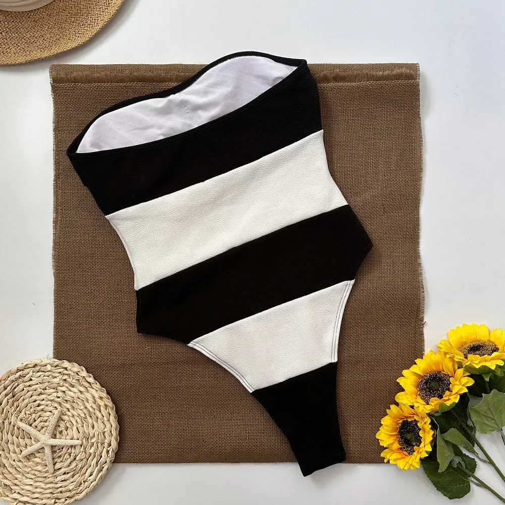 Black White Strapless One Piece Swimsuit