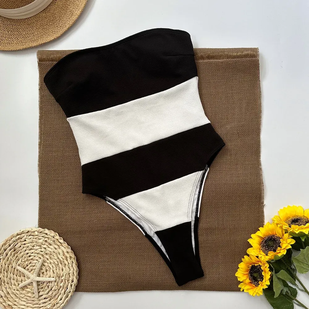 Black White Strapless One Piece Swimsuit