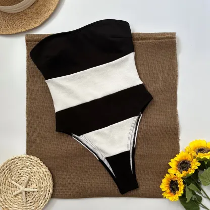 Black White Strapless One Piece Swimsuit
