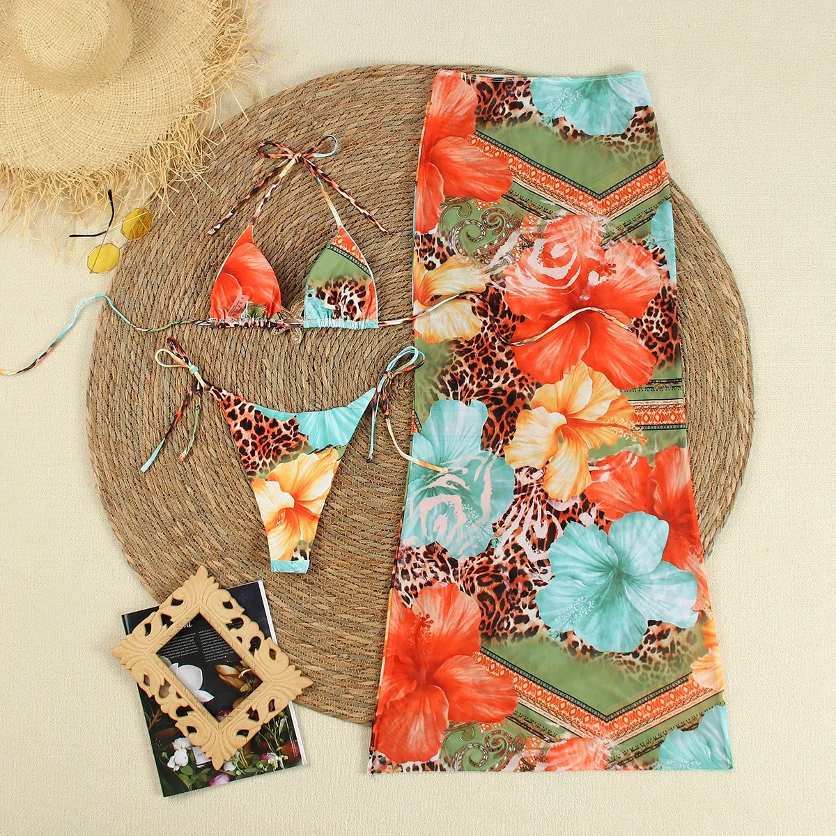 Reversible Floral Print 3 Piece Bikini Set Triangle Halter