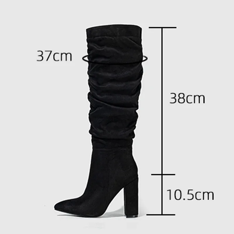 Eilyken Street Style Pleated Pointed Toe Zip Thigh High Boots Female Square Heel Design Over The Knee Women's Shoes