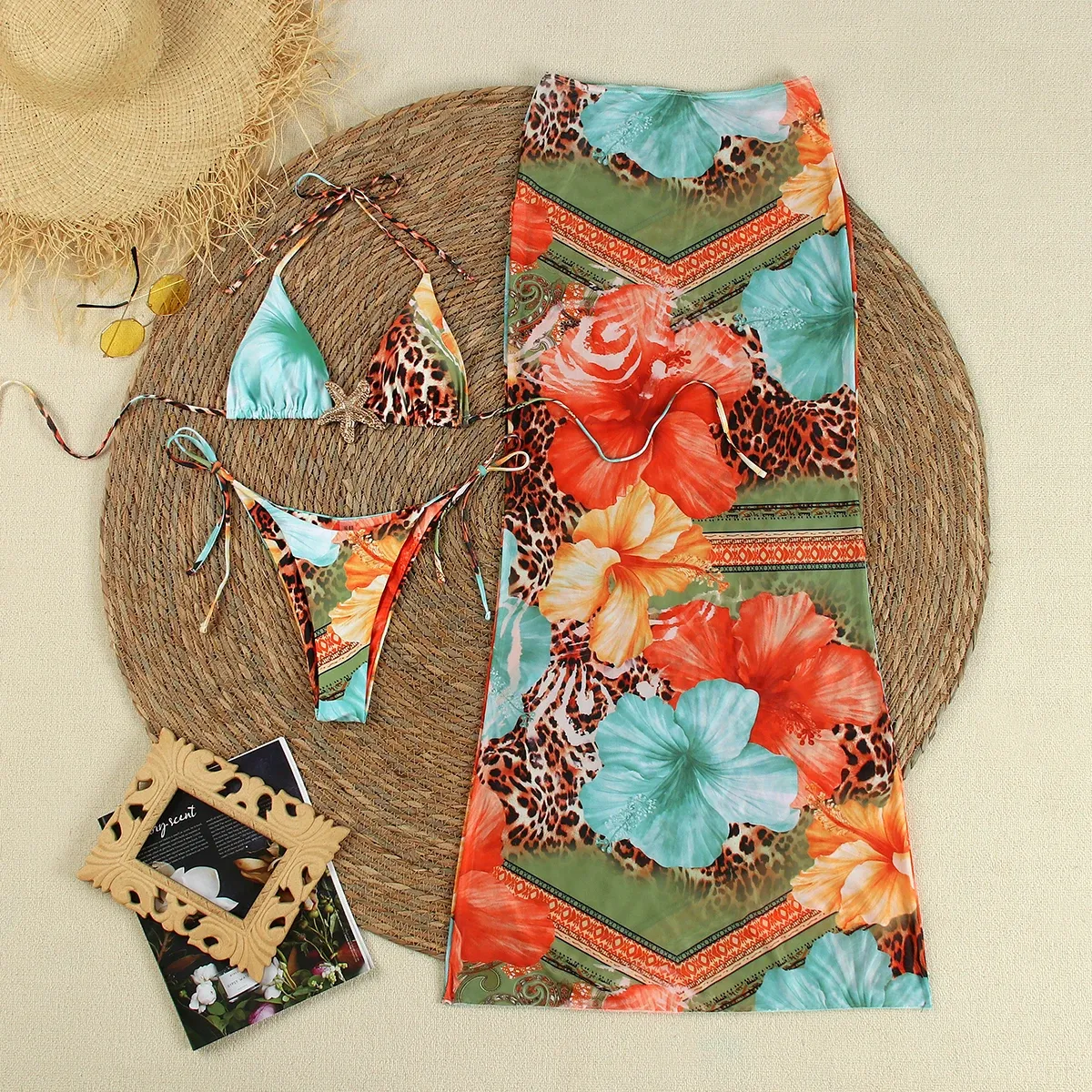 Reversible Floral Print 3 Piece Bikini Set Triangle Halter