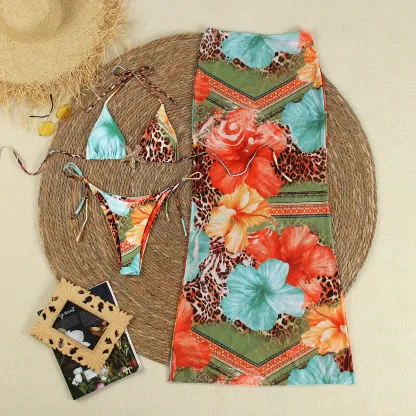 Reversible Floral Print 3 Piece Bikini Set Triangle Halter