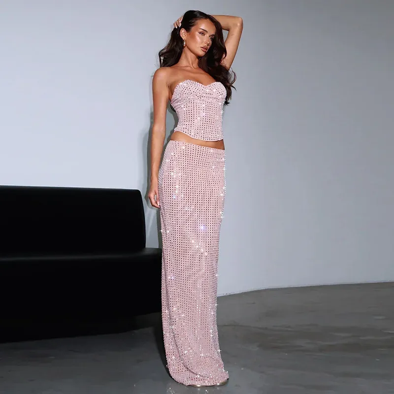Pink Sequin Glitter Strapless Top & Maxi Skirt Set