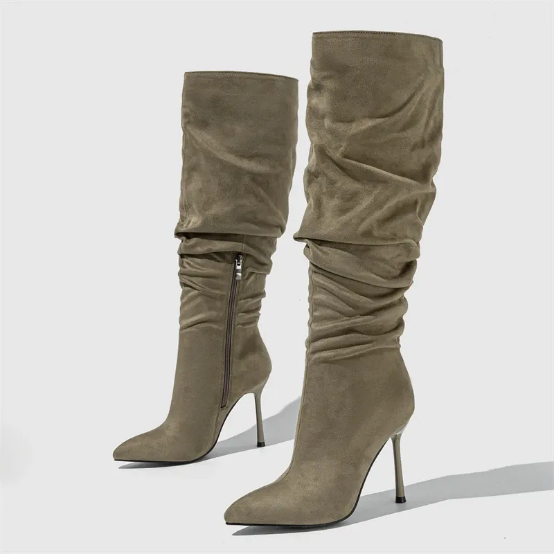 Pleated Denim Knee-High Pointed Toe Boots