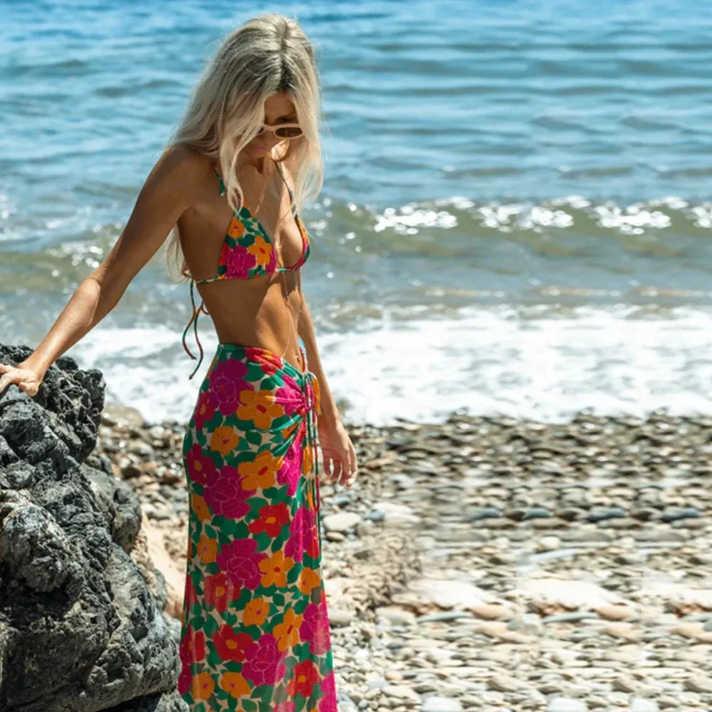 Floral Print 3 Pieces Micro Bikini Set