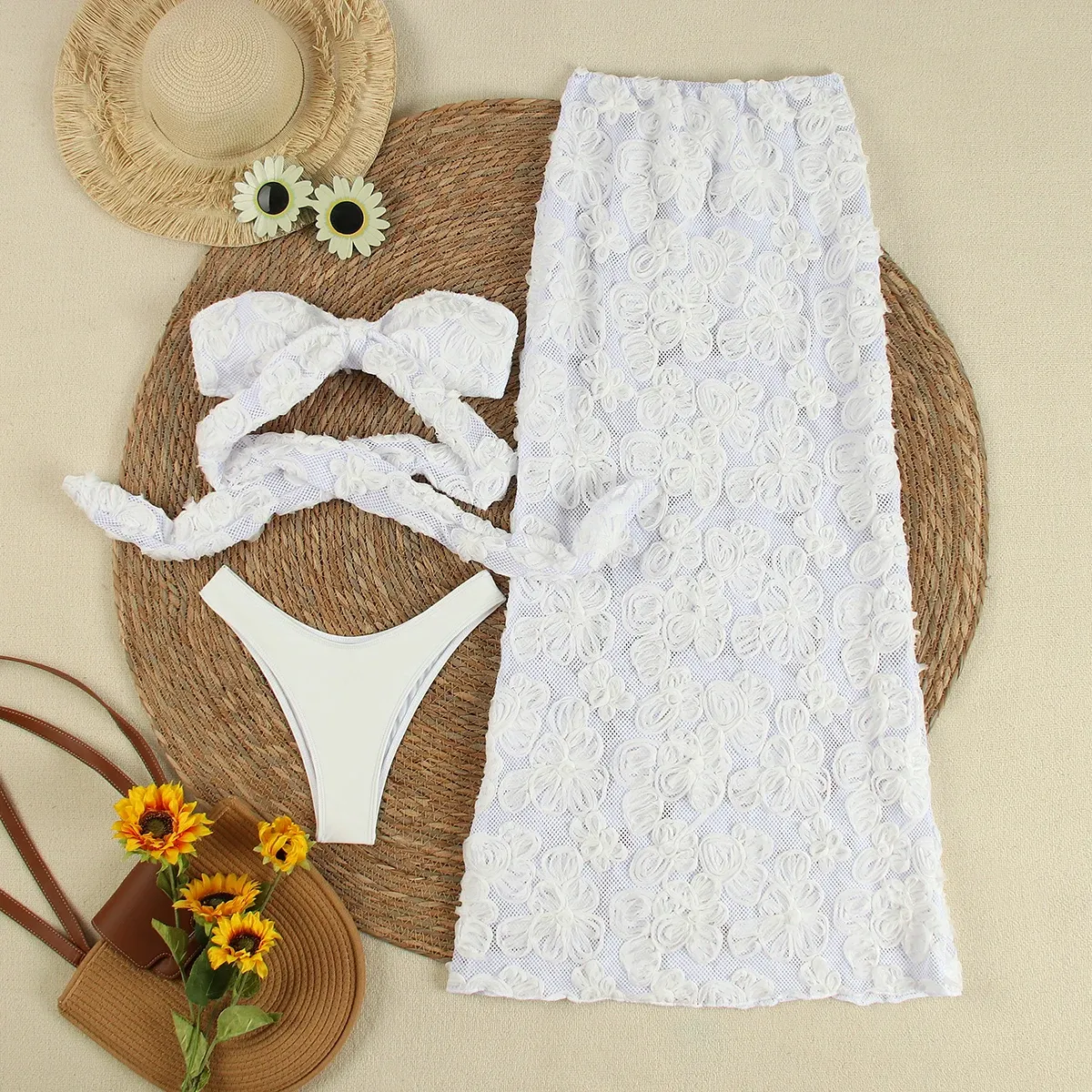 White Lace 3 Piece Bikini With Lace Skirt Set