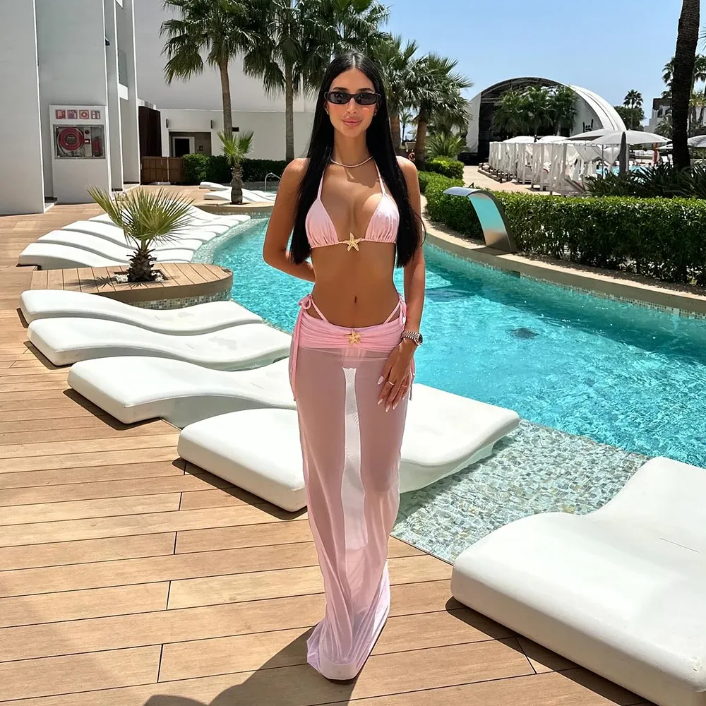 Pink 3 Piece Gold Star Detail Bikini Set